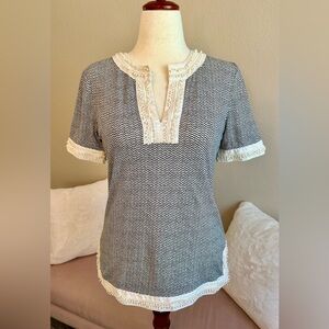 Tory Burch Tunic Top 100% Linen Short Sleeve V-Neck Black & Ivory Size M Ethnic